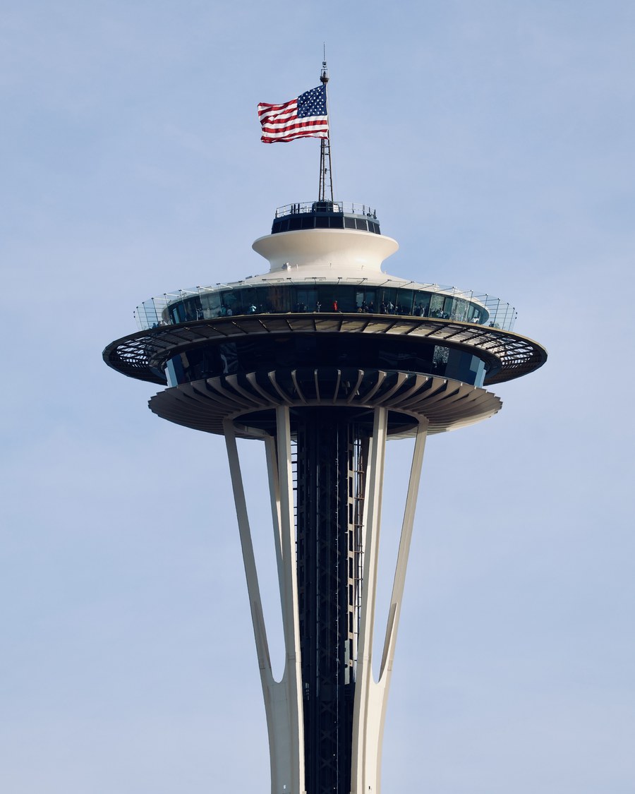 Seattle Space Needle with American flag